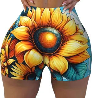 Augenstern Women's Athletic Stretch Shorts Watercolor-Sunflowers-Abstract Running Shorts for Women