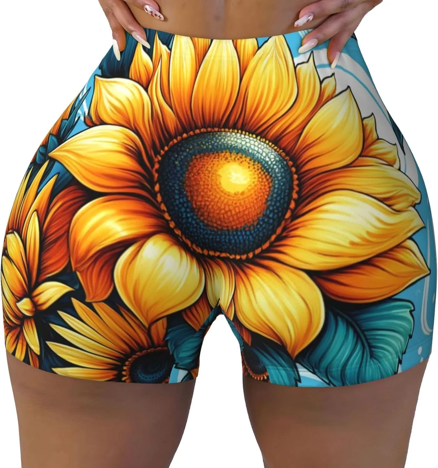 Augenstern Women's Athletic Stretch Shorts Watercolor-Sunflowers-Abstract Running Shorts for Women
