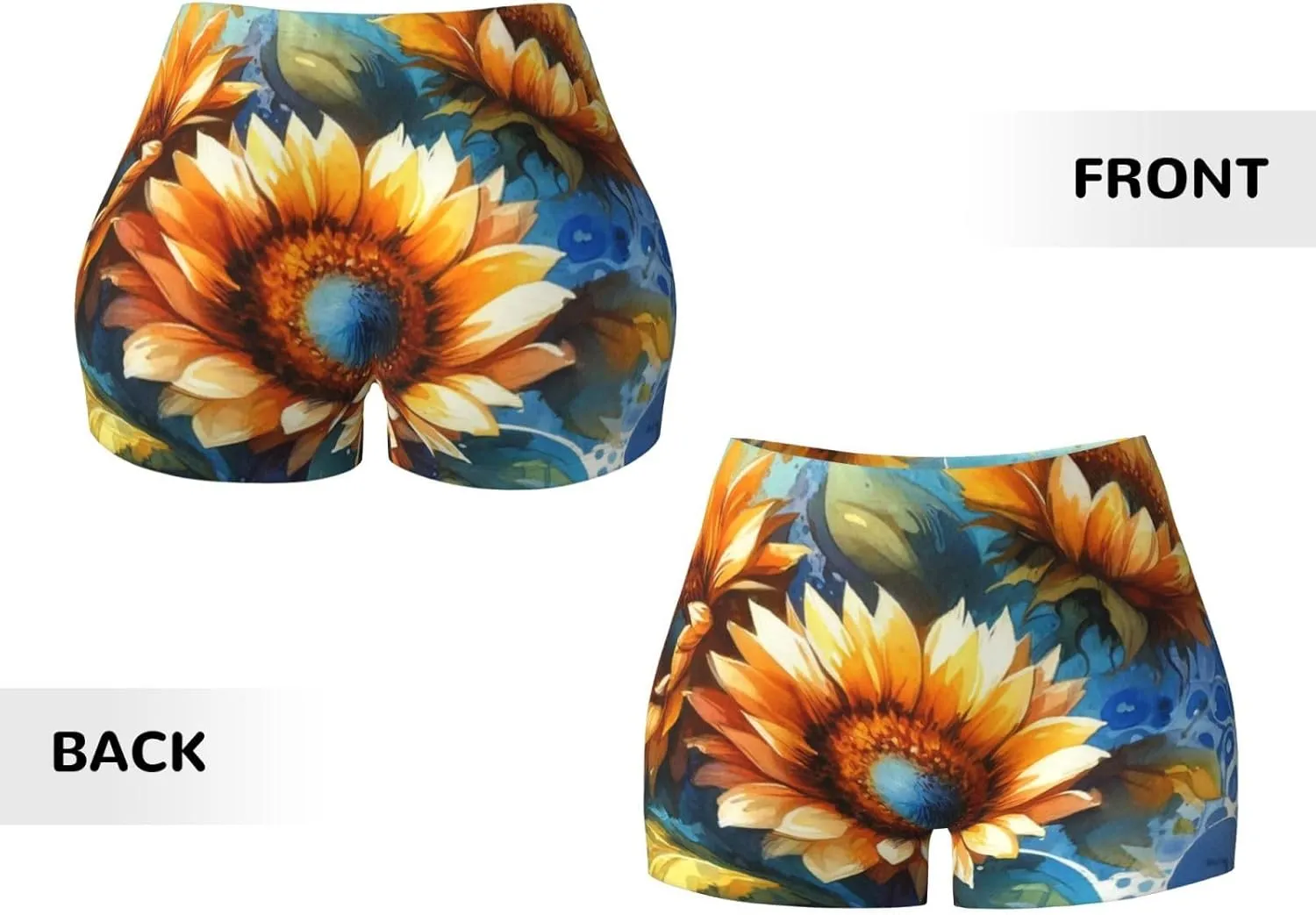 Augenstern Women's Athletic Stretch Shorts Watercolor-Sunflowers-Painting Running Shorts for Women
