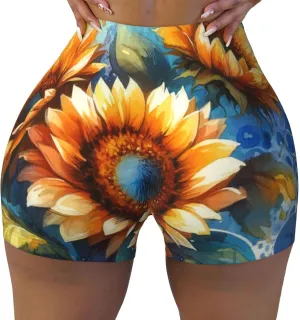 Augenstern Women's Athletic Stretch Shorts Watercolor-Sunflowers-Painting Running Shorts for Women