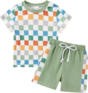 Baby Toddler Boys Shorts Set Summer Clothes Patchwork Checkerboard Outfits 18-24 Months 1T 2T 3T 4T 5-6 Years