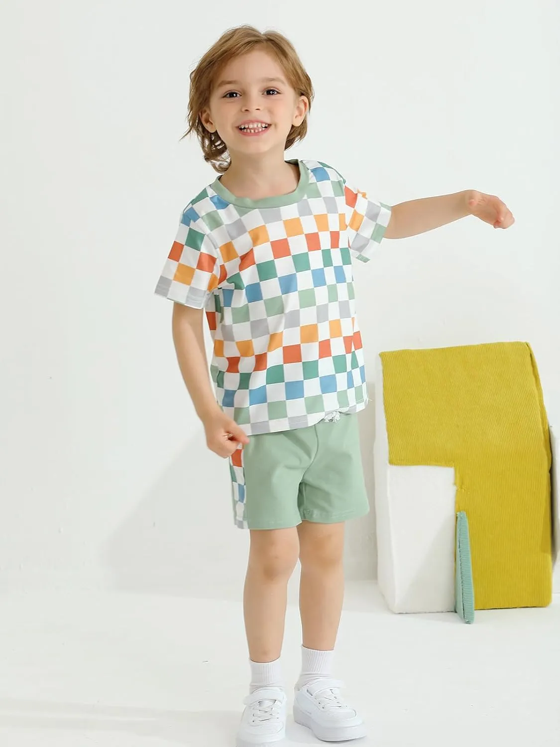 Baby Toddler Boys Shorts Set Summer Clothes Patchwork Checkerboard Outfits 18-24 Months 1T 2T 3T 4T 5-6 Years