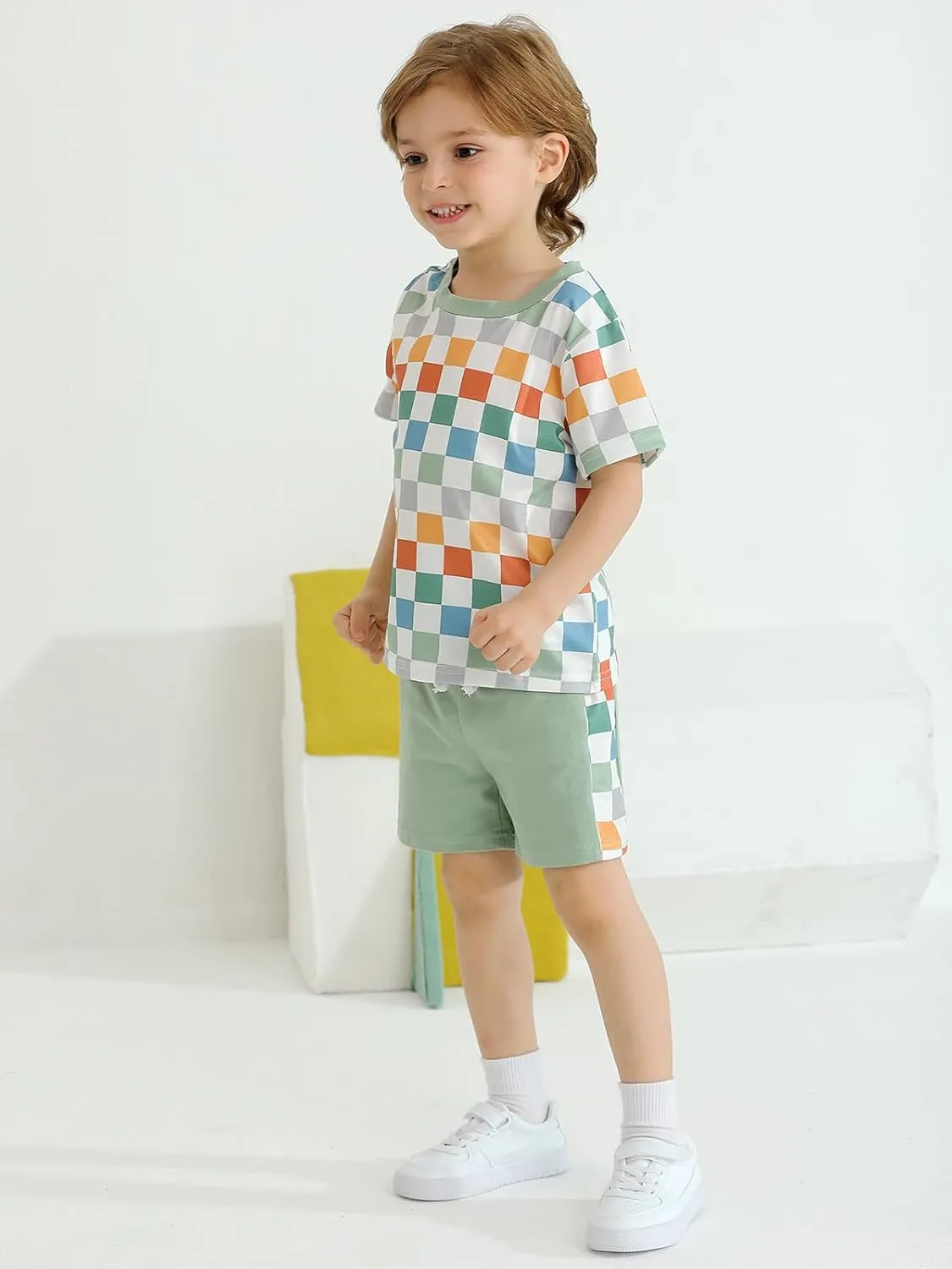 Baby Toddler Boys Shorts Set Summer Clothes Patchwork Checkerboard Outfits 18-24 Months 1T 2T 3T 4T 5-6 Years