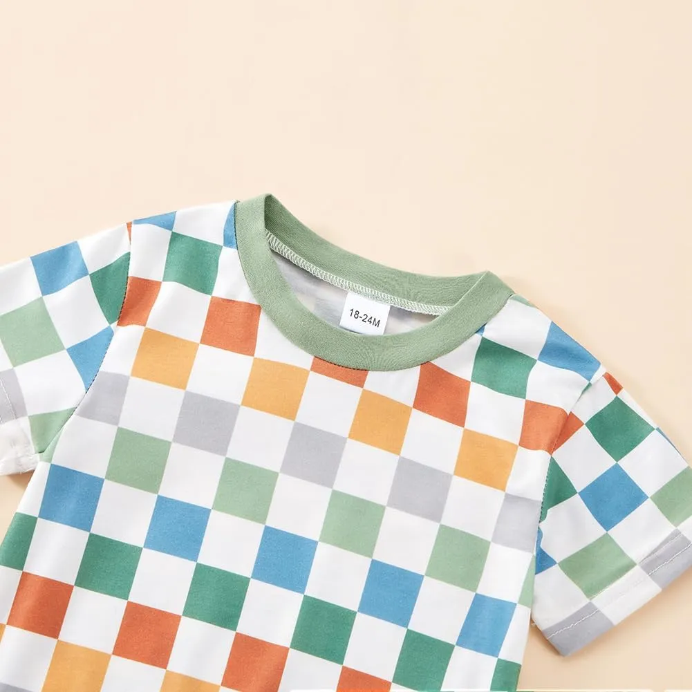 Baby Toddler Boys Shorts Set Summer Clothes Patchwork Checkerboard Outfits 18-24 Months 1T 2T 3T 4T 5-6 Years