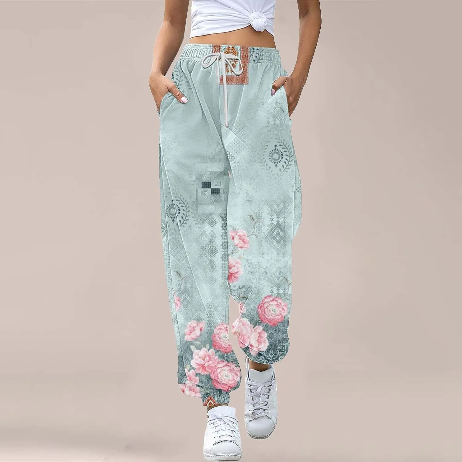 Baggy Sweatpants for Women Ladies Solid Color Drawstring Elastic Elastic High Waisted Drawstring Pants with Pockets