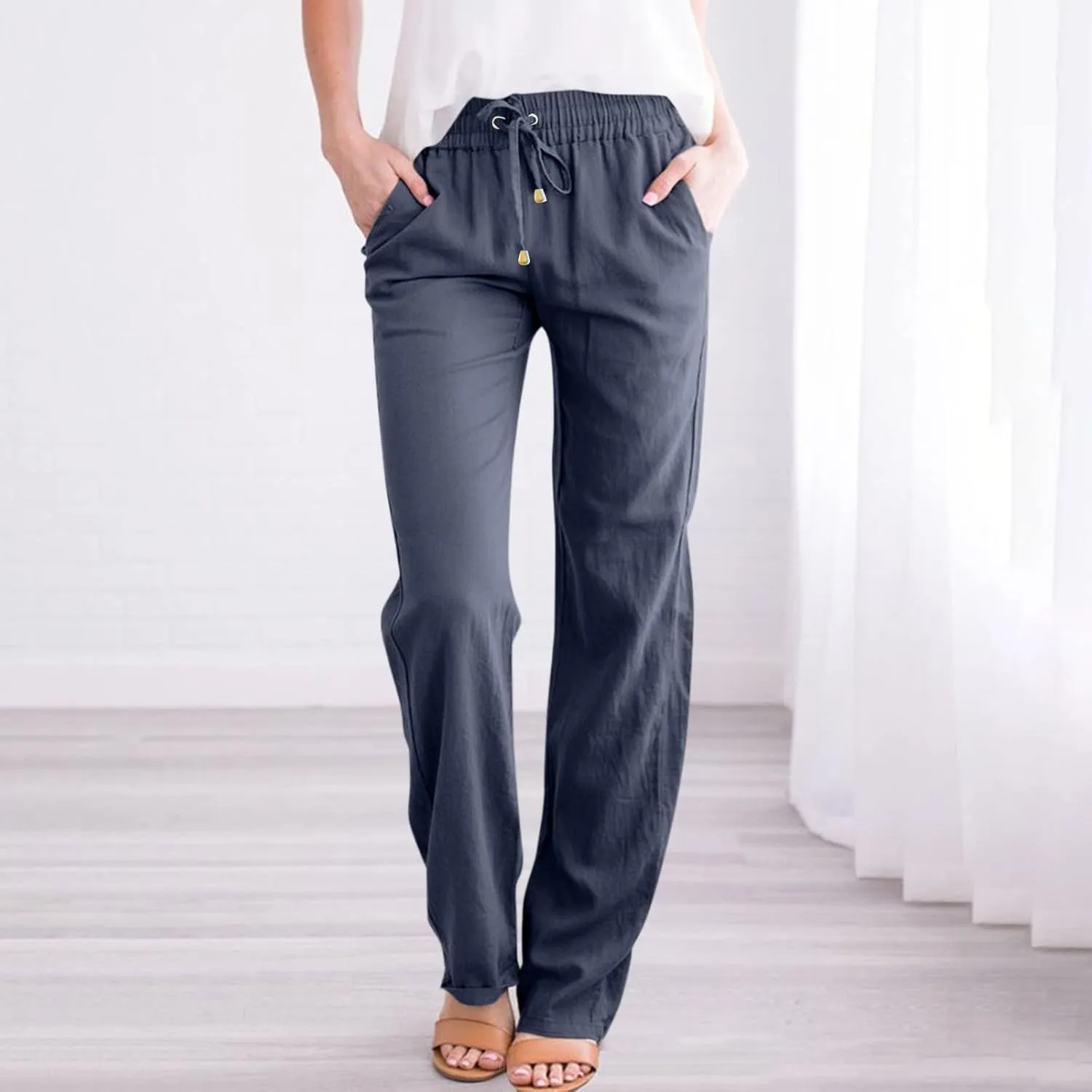 Baggy Wide Leg Linen Pants for Women High Waisted Pull On Work Pants Summer Boho Straight Leg Pants with Pockets