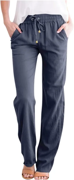 Baggy Wide Leg Linen Pants for Women High Waisted Pull On Work Pants Summer Boho Straight Leg Pants with Pockets