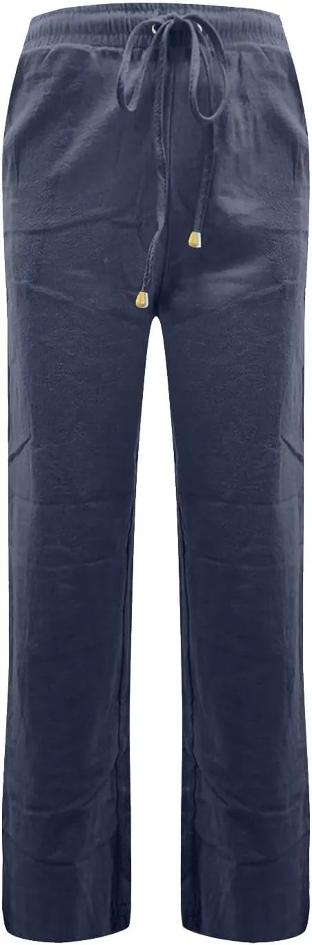 Baggy Wide Leg Linen Pants for Women High Waisted Pull On Work Pants Summer Boho Straight Leg Pants with Pockets
