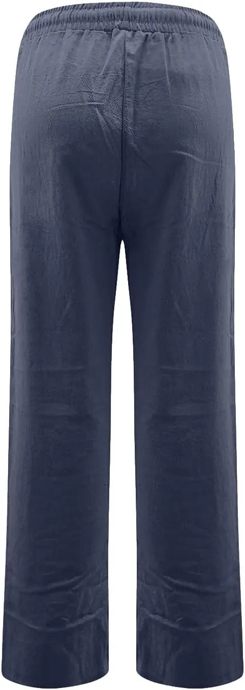 Baggy Wide Leg Linen Pants for Women High Waisted Pull On Work Pants Summer Boho Straight Leg Pants with Pockets