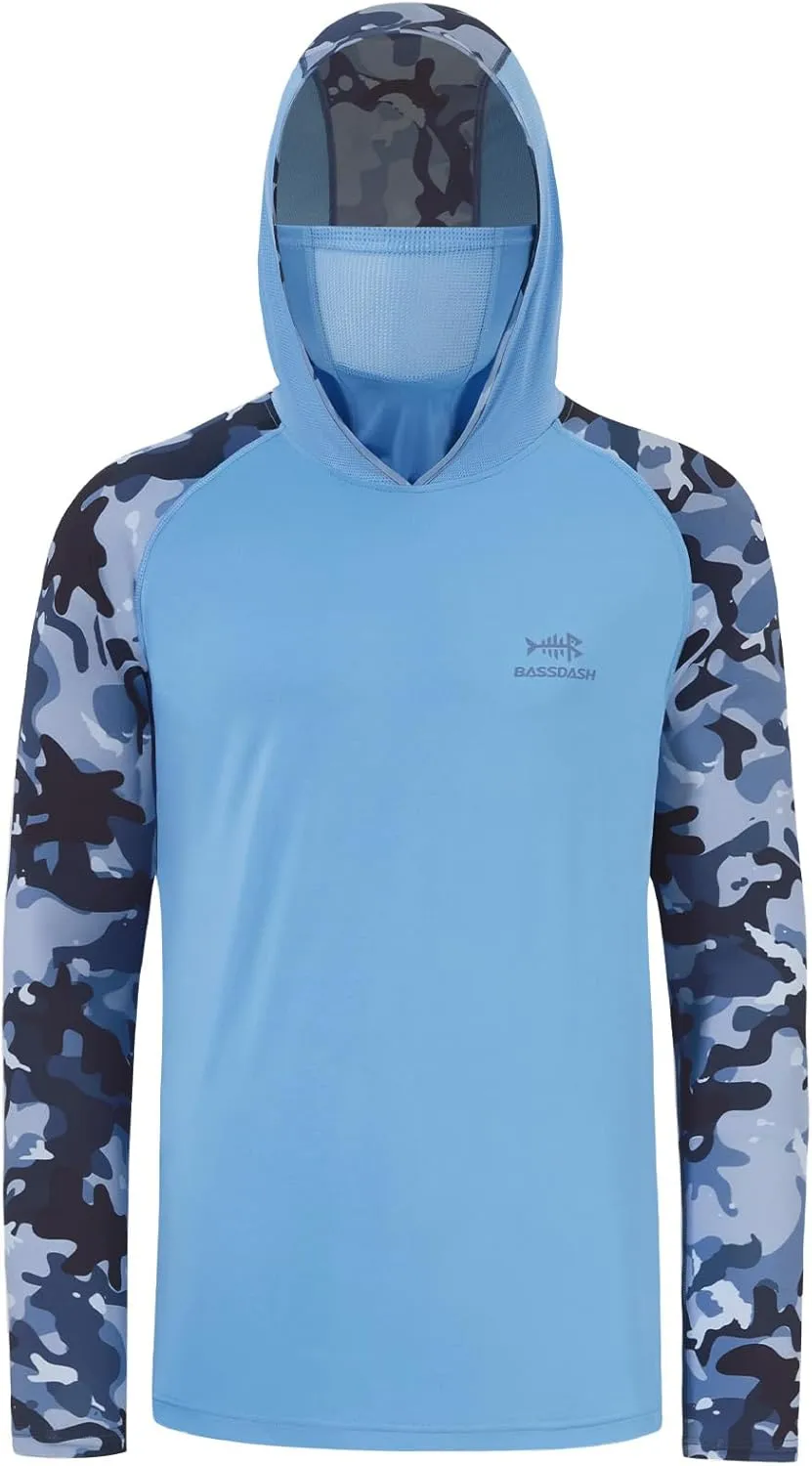 BASSDASH Men's UPF 50  Camo Hoodie Shirt with Mask Long Sleeve Sun Protection Neck Gaiter Hooded Tee for Fishing Hiking