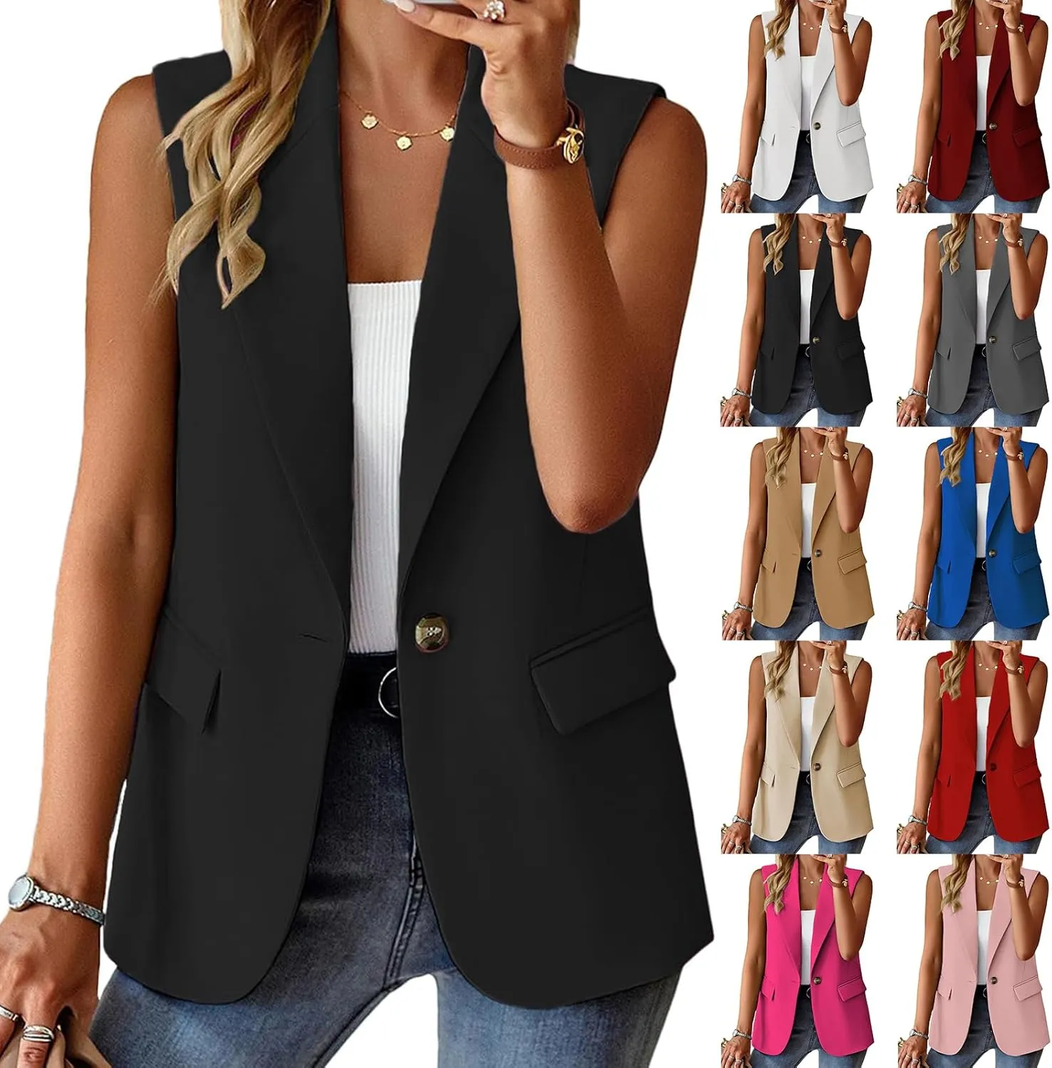 Blazer Vest for Women Business Casual Dressy Jackets Lightweight Sleeveless Vest Tops Lapel Single Button Blazers