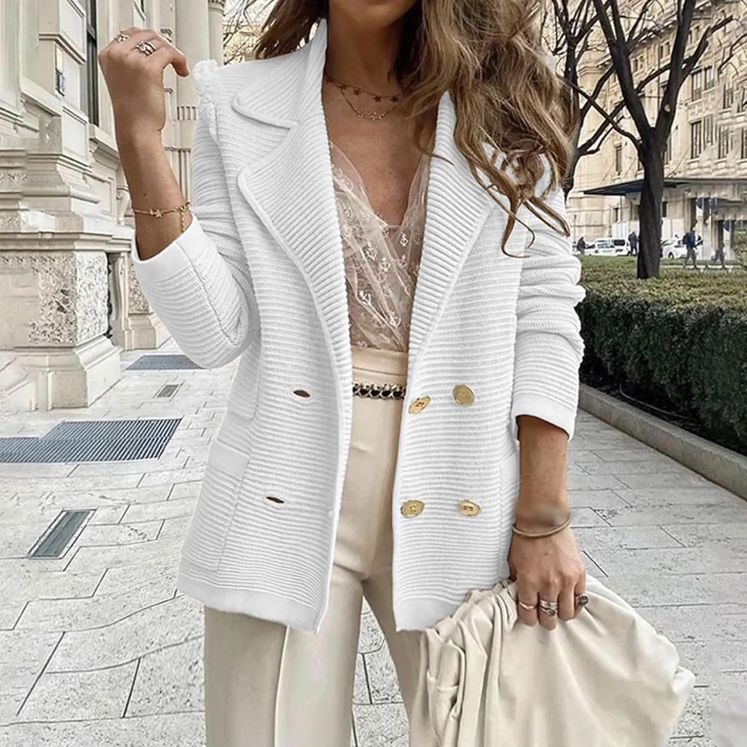 Blazers for Women Lapel Collar Long Sleeve Double Button Work Office Blazer Jackets Business Casual Tweed Blazers