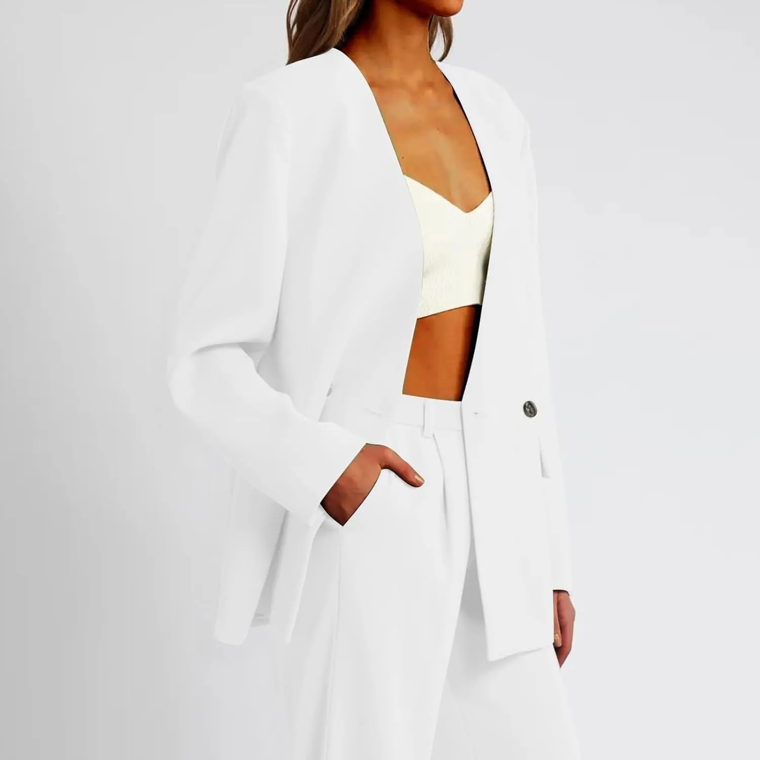 Casual Blazers for Women Business Texture Open Front Shoulder Drop Work Office Blazer Trendy Button Suit Jackets