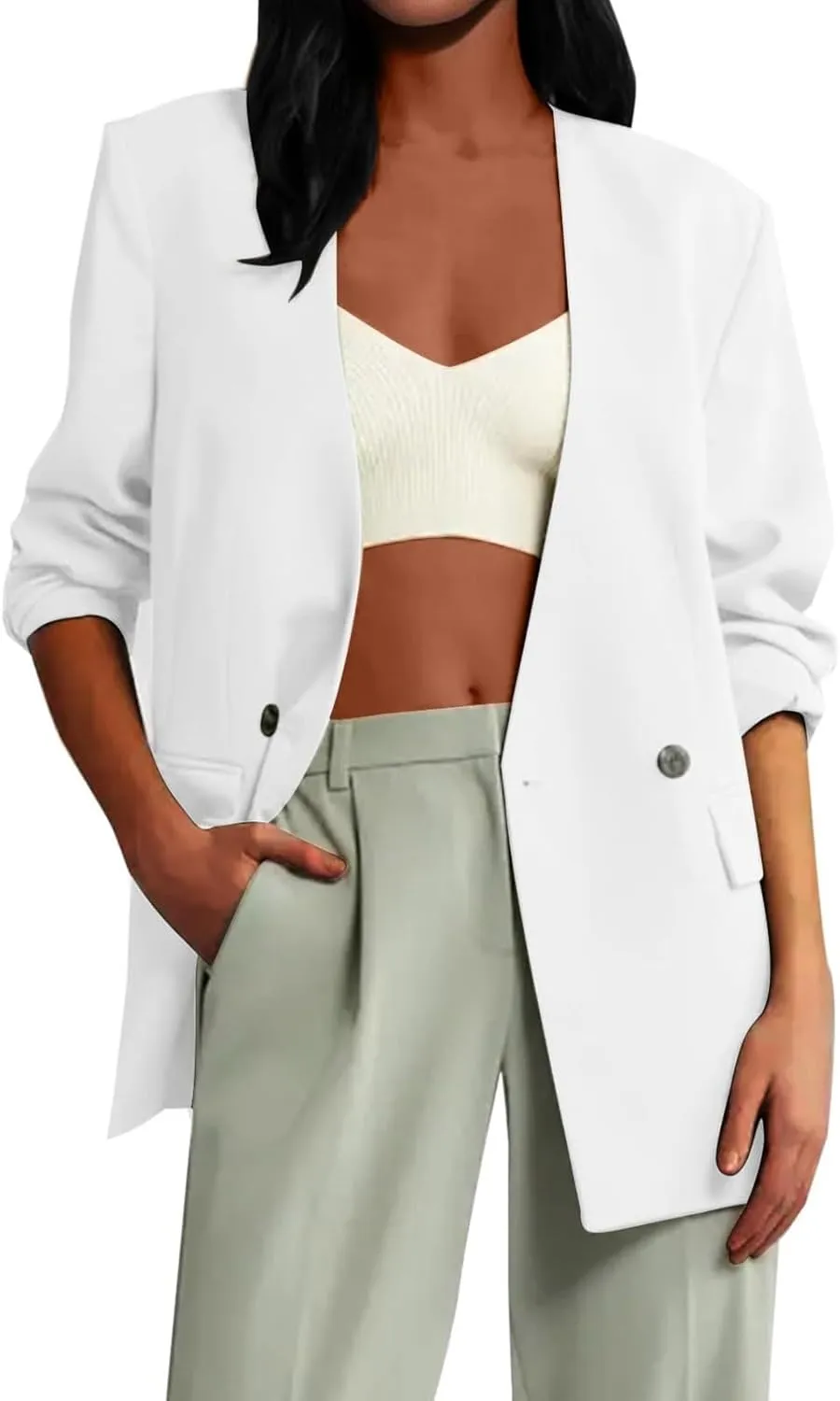 Casual Blazers for Women Business Texture Open Front Shoulder Drop Work Office Blazer Trendy Button Suit Jackets