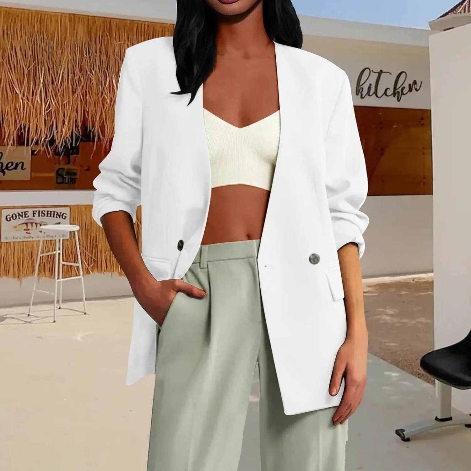 Casual Blazers for Women Business Texture Open Front Shoulder Drop Work Office Blazer Trendy Button Suit Jackets