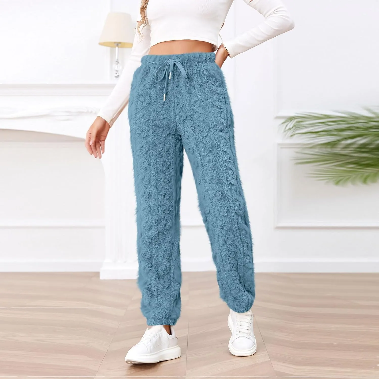 Casual Furry Plush Soft Sweatpants for Women Lounge Sleepwear Flannel Pajama Pants Home Wear Fleece Joggers