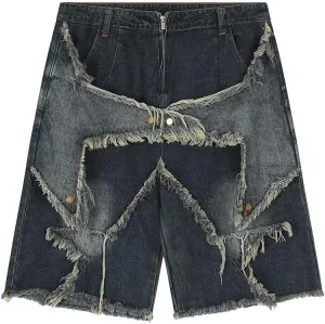 CEINOM Mens Patchwork Jeans Women High Waisted Tassel Star Denim Shorts Hip Hop Streetwear Harajuku Y2K Shorts Summer