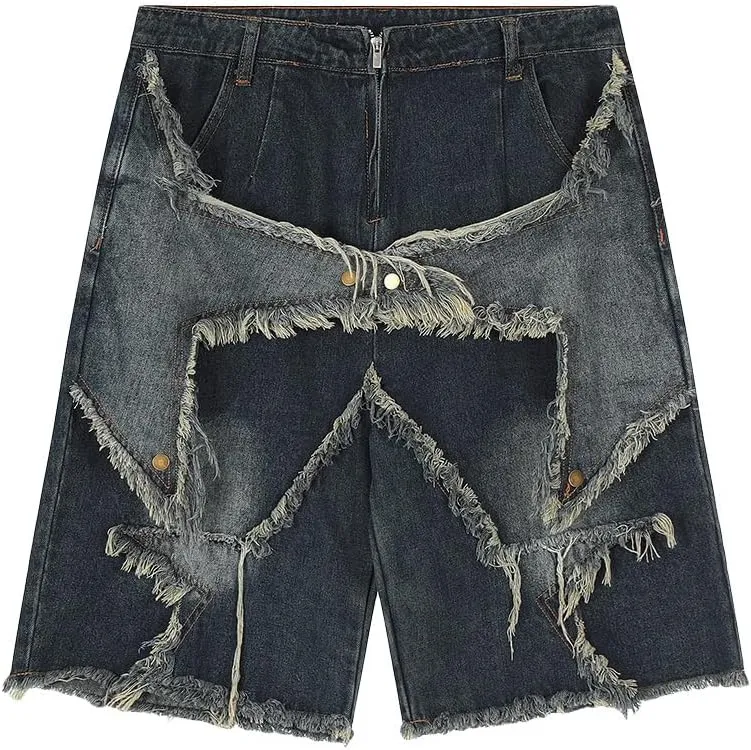 CEINOM Mens Patchwork Jeans Women High Waisted Tassel Star Denim Shorts Hip Hop Streetwear Harajuku Y2K Shorts Summer