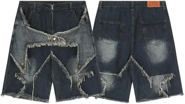 CEINOM Mens Patchwork Jeans Women High Waisted Tassel Star Denim Shorts Hip Hop Streetwear Harajuku Y2K Shorts Summer