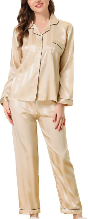 cheibear Womens Satin Pajamas Stripe Lounge Nightshirt Button Down Tops with Pants Pj Sets