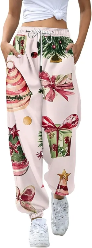 Christmas Athletic Pants for Women Loose Fit Baggy Sweatpants Workout Lounge High Waisted Drawstring Athletic Joggers
