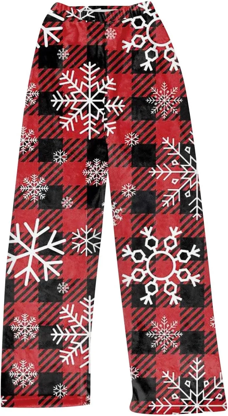 Christmas Pajamas for Women Fleece Pajama Pants Warm Plaid Lounge Pj Bottoms for Women with Pockets Soft Sleepwear