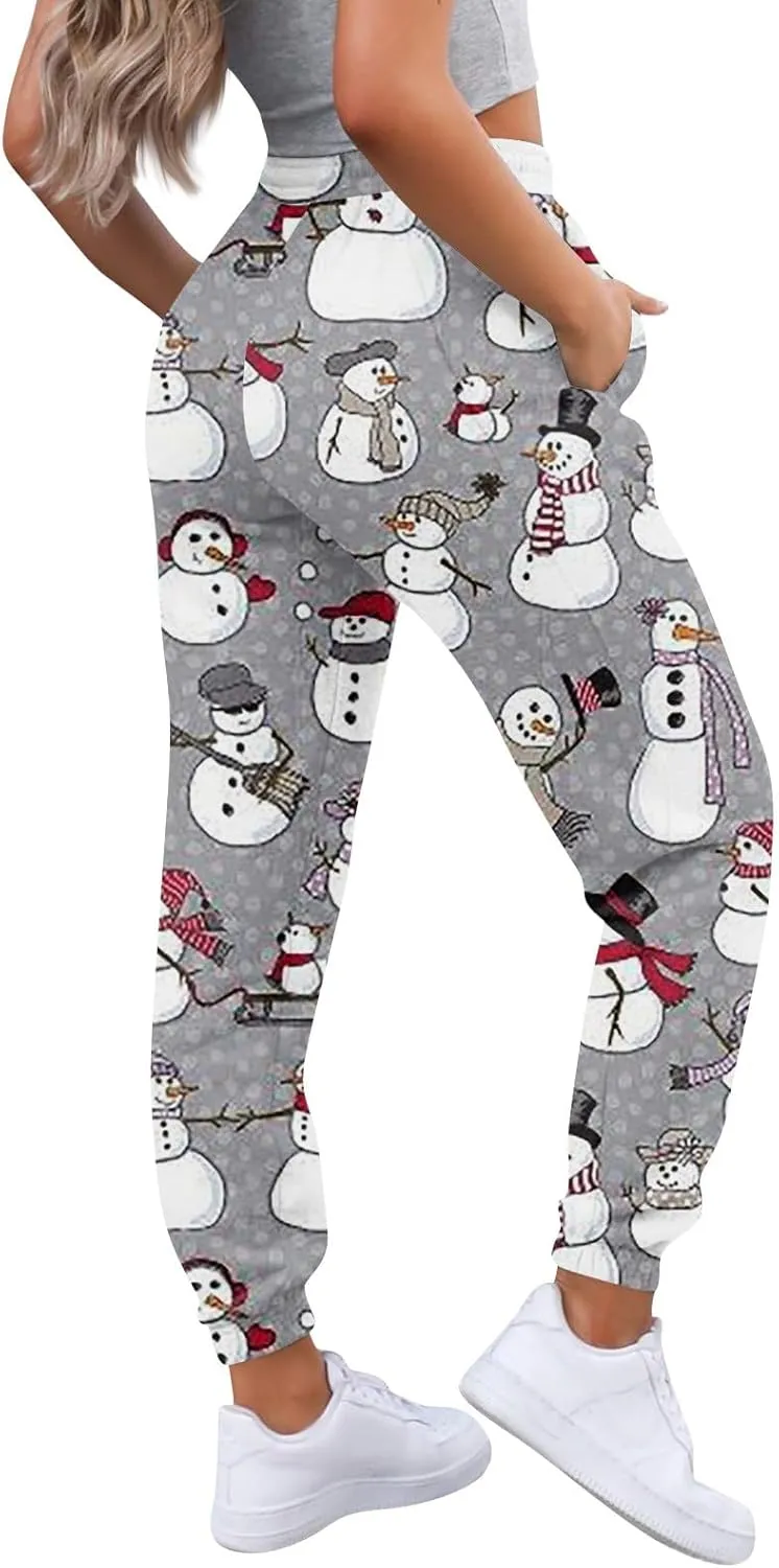 Christmas Pants for Women Elastic Active High Waisted Athletic Fit Baggy Sweatpants Gym Jogger Lounge with Pockets