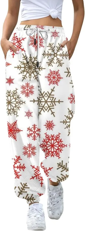 Christmas Sweatpants for Women Xmas Tree Santa Reindeer Print High Waisted Drawstring Joggers Winter Holiday Pants