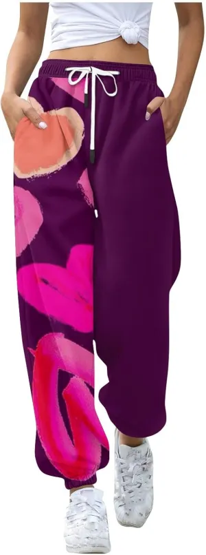 Cinch Bottom Sweatpants for Women with Pockets Cute Heart Print Workout Active Joggers Pants Baggy Lounge Bottoms