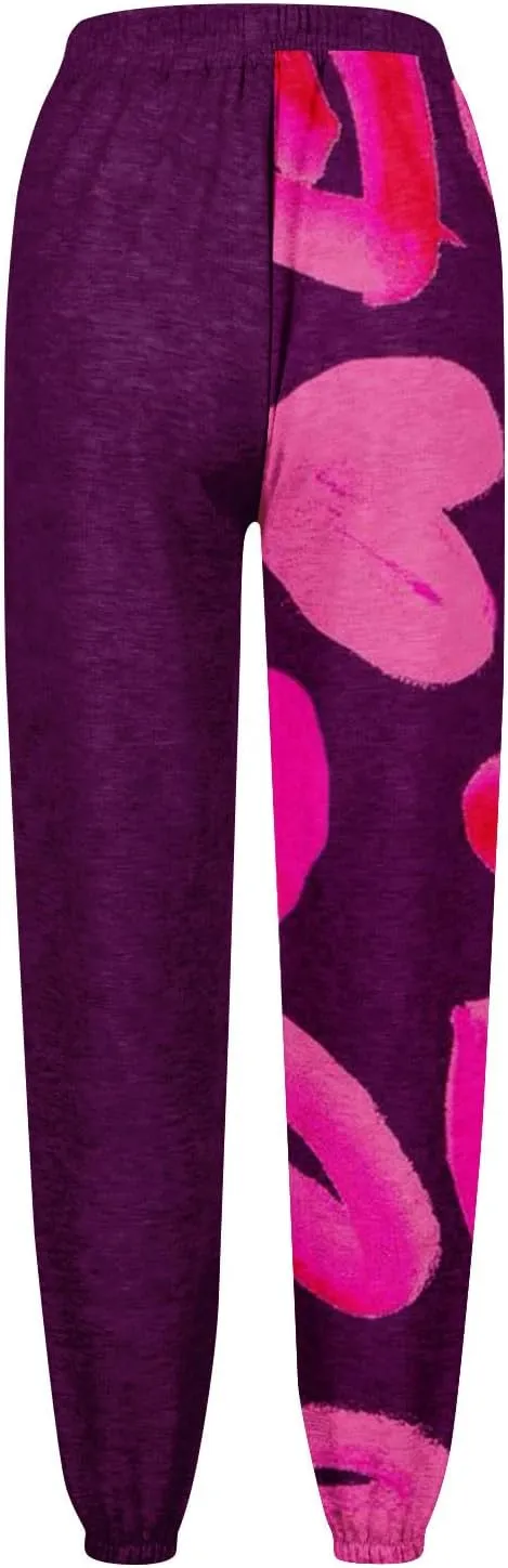 Cinch Bottom Sweatpants for Women with Pockets Cute Heart Print Workout Active Joggers Pants Baggy Lounge Bottoms