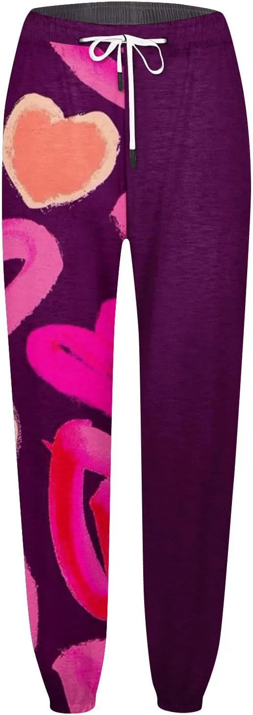 Cinch Bottom Sweatpants for Women with Pockets Cute Heart Print Workout Active Joggers Pants Baggy Lounge Bottoms