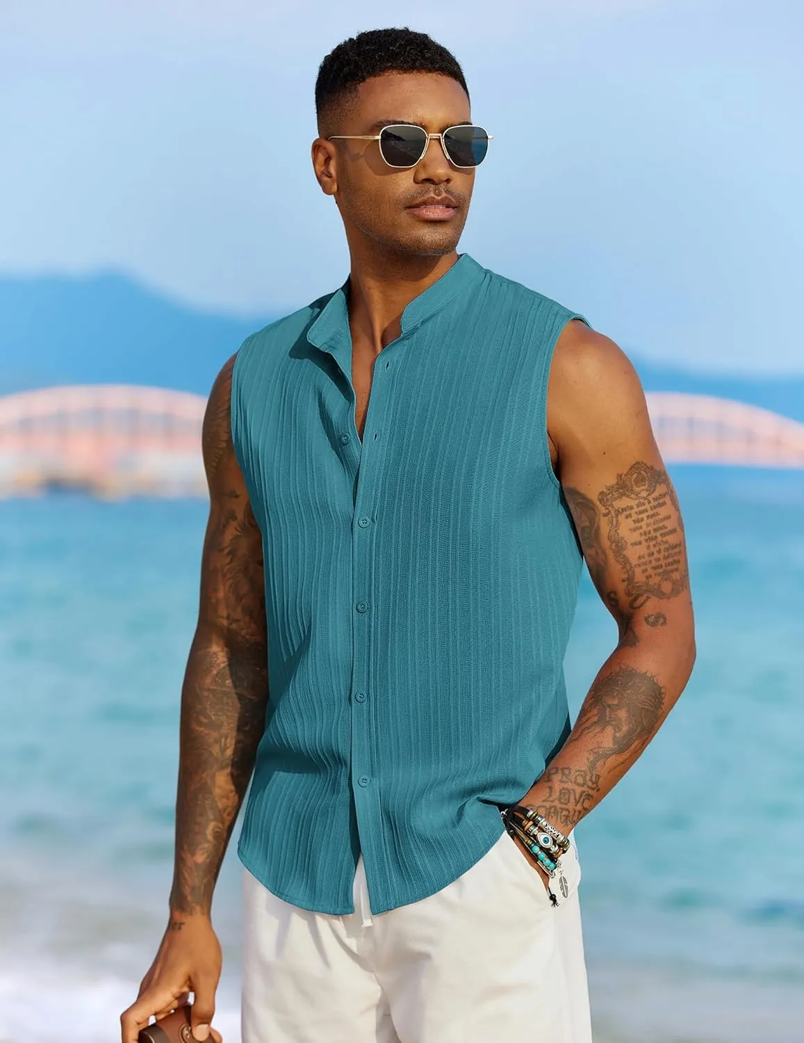 COOFANDY Mens Sleeveless Summer Shirts Beach Tank Tops Button Up Textured Tank Shirt for Vacation