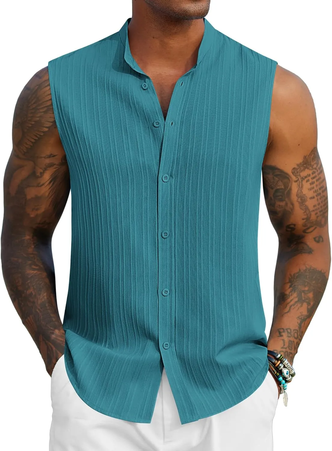 COOFANDY Mens Sleeveless Summer Shirts Beach Tank Tops Button Up Textured Tank Shirt for Vacation