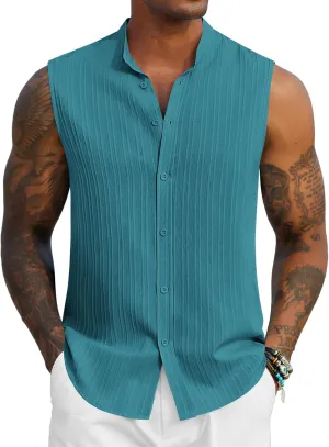 COOFANDY Mens Sleeveless Summer Shirts Beach Tank Tops Button Up Textured Tank Shirt for Vacation