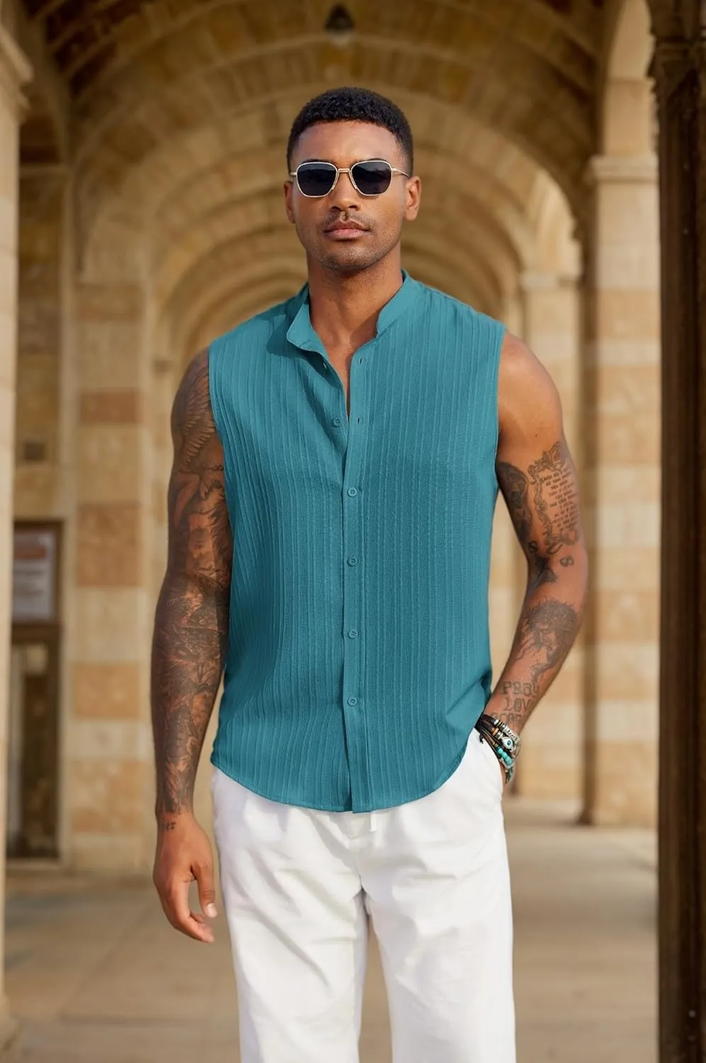 COOFANDY Mens Sleeveless Summer Shirts Beach Tank Tops Button Up Textured Tank Shirt for Vacation