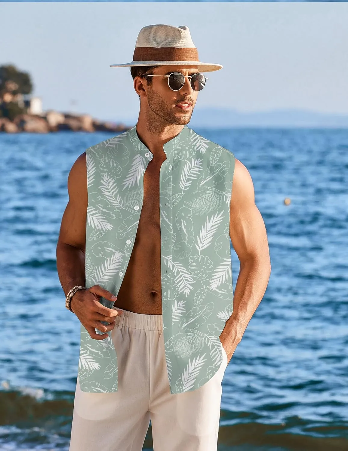 COOFANDY Men's Summer Beach Tank Tops Sleeveless Button Up Shirt Casual Textured Tank Shirts