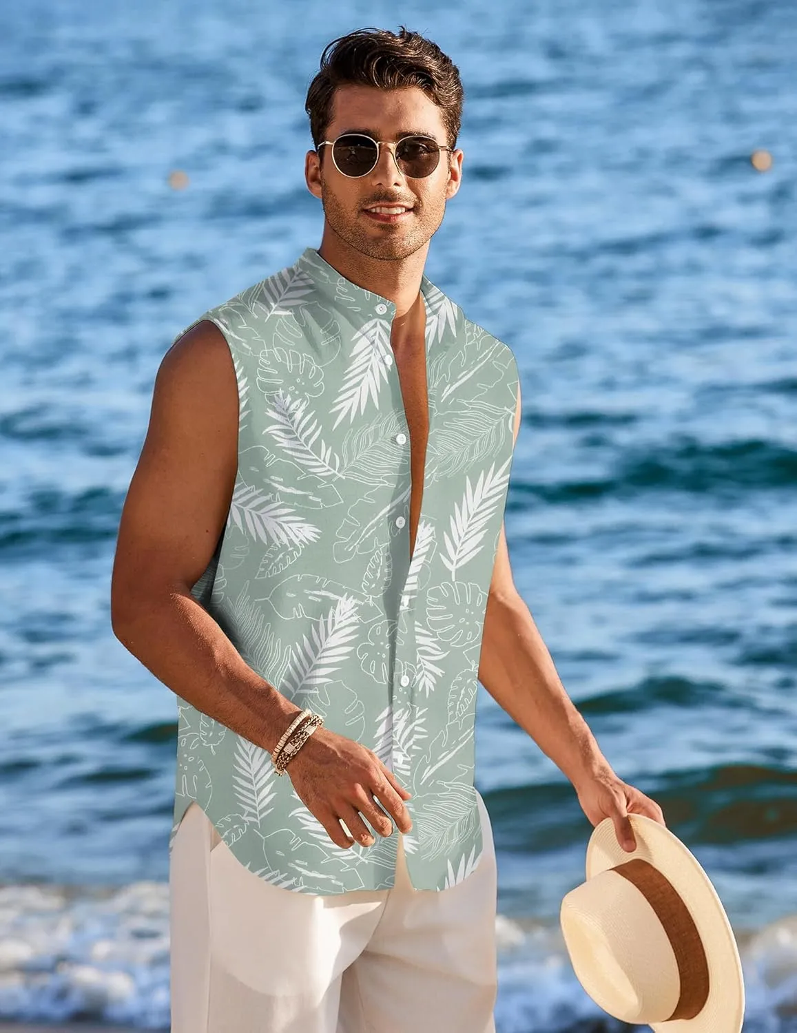 COOFANDY Men's Summer Beach Tank Tops Sleeveless Button Up Shirt Casual Textured Tank Shirts