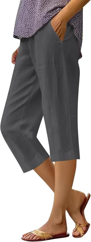 Cotton Linen Capri Pants for Women 2024 Summer Casual Elastic Waisted Straight Leg Drawstring Trousers with Pocket