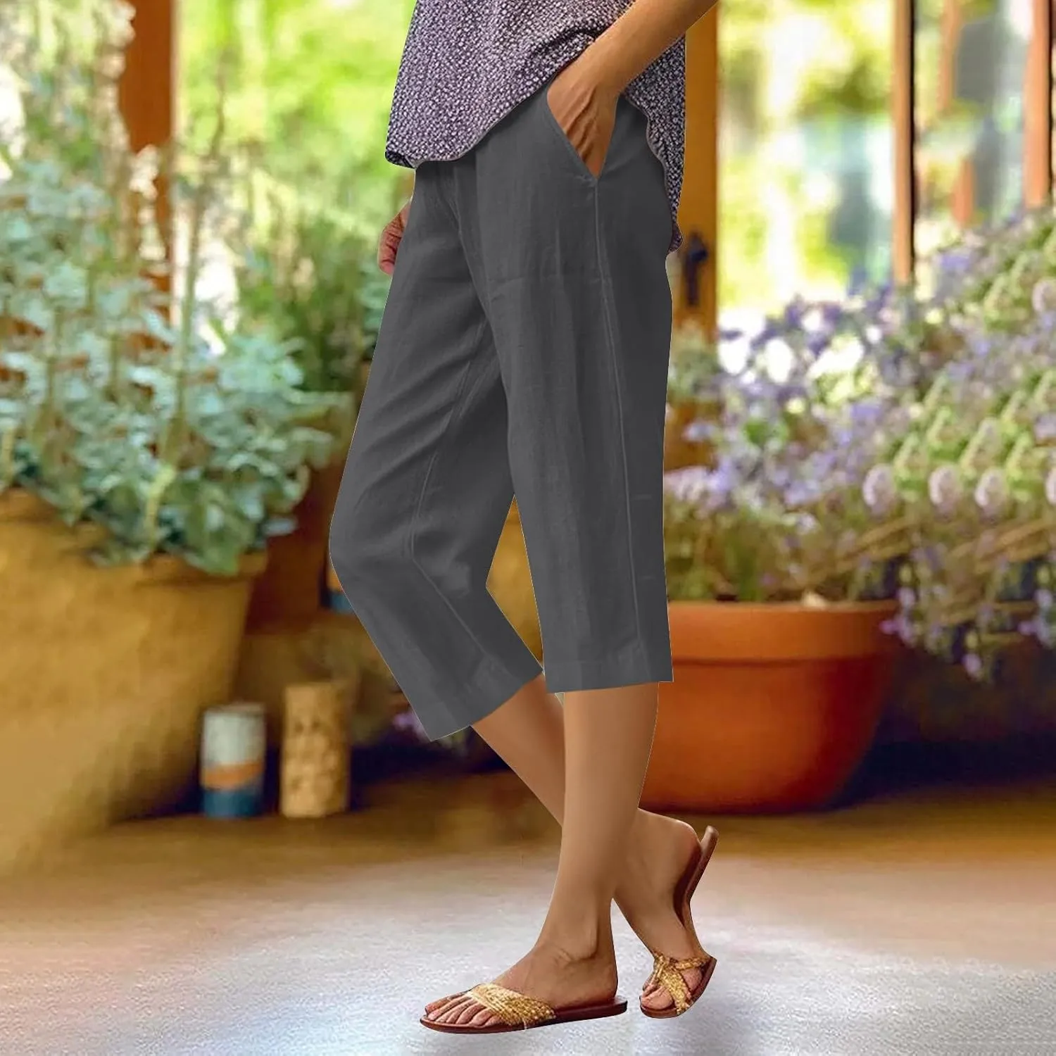 Cotton Linen Capri Pants for Women 2024 Summer Casual Elastic Waisted Straight Leg Drawstring Trousers with Pocket