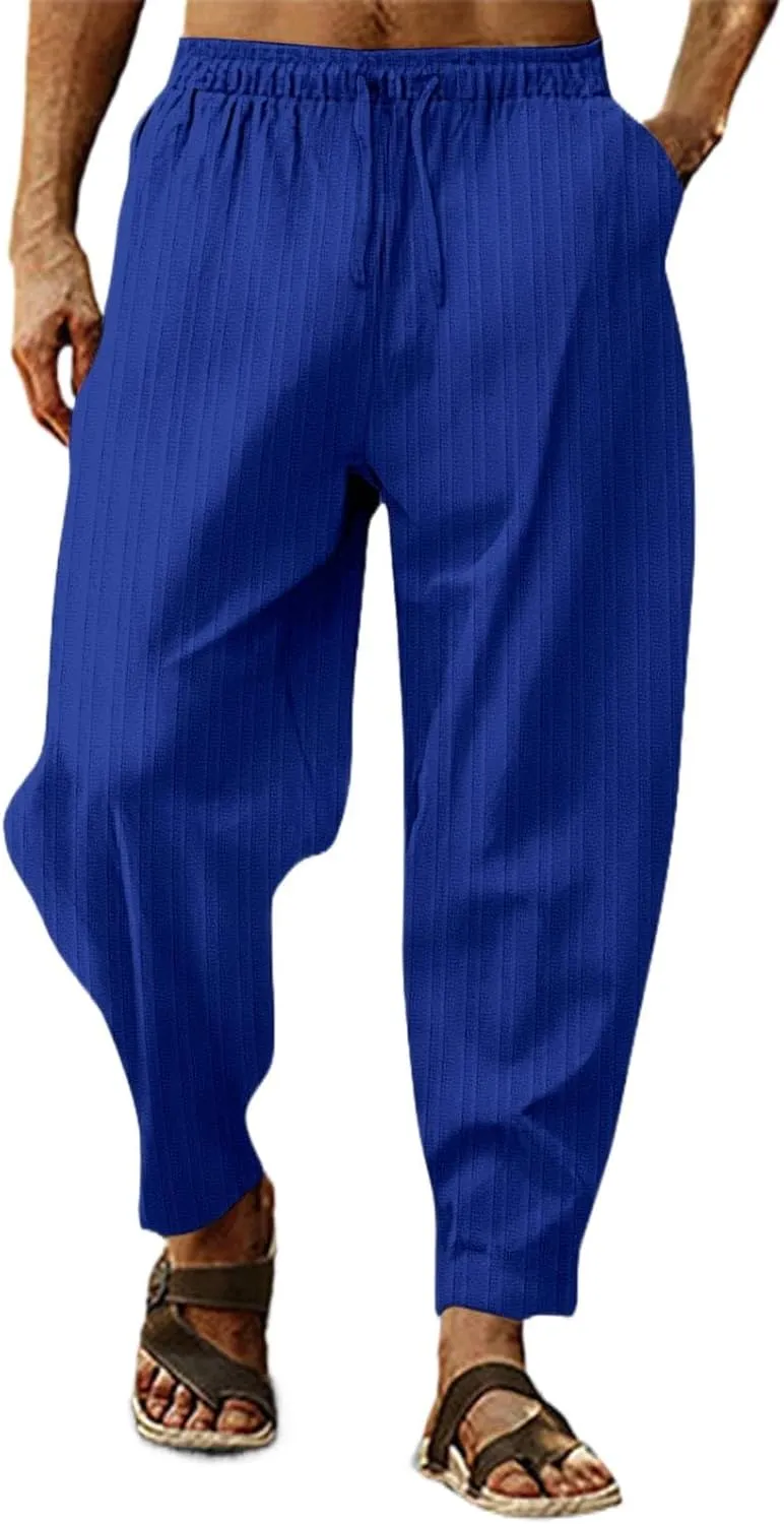 Cotton Linen Dress Pants for Men Casual Classic Elastic Waist Beach Pants Summer Lightweight Trouser with Pockets