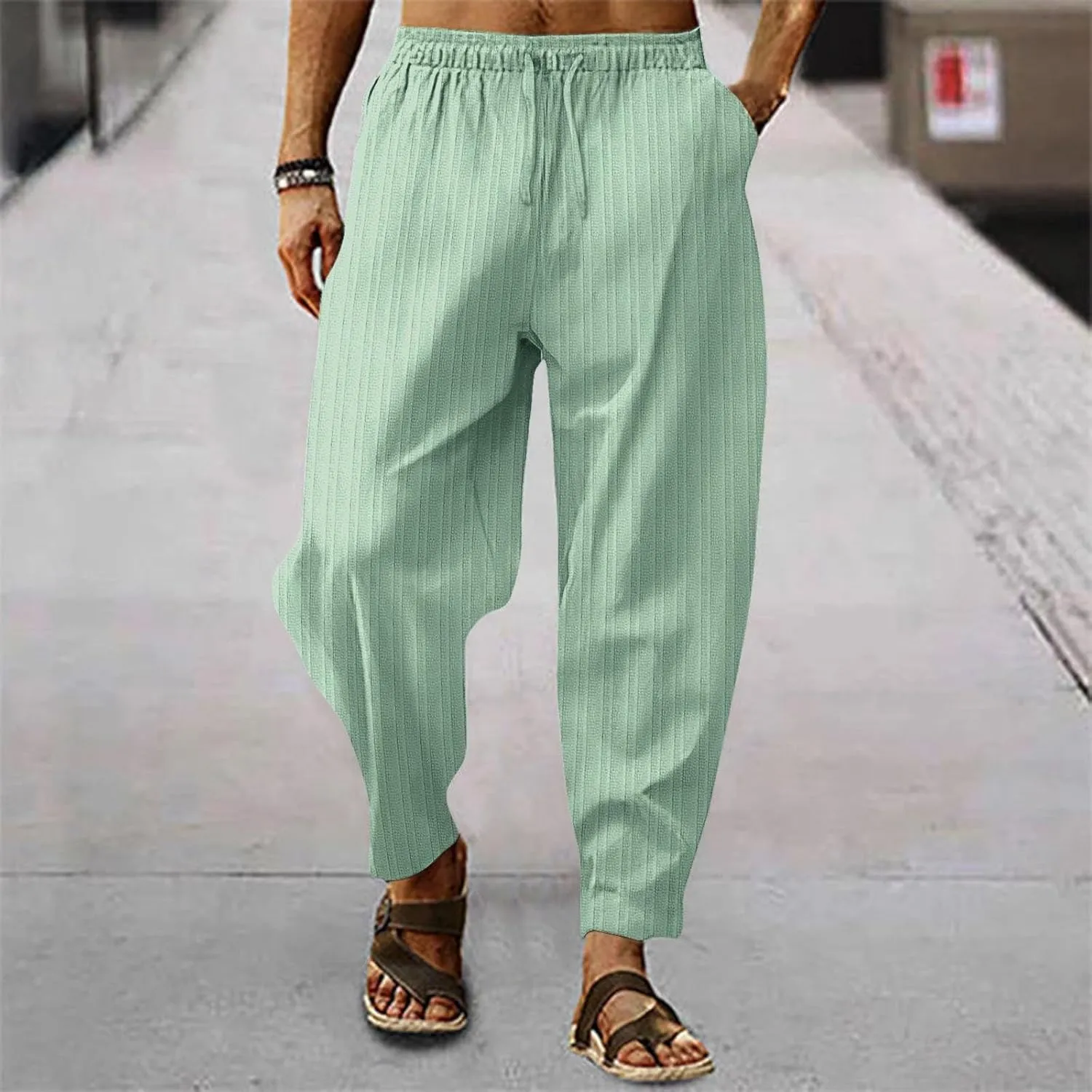 Cotton Linen Dress Pants for Men Casual Classic Elastic Waist Beach Pants Summer Lightweight Trouser with Pockets