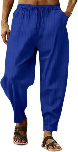 Cotton Linen Dress Pants for Men Casual Classic Elastic Waist Beach Pants Summer Lightweight Trouser with Pockets