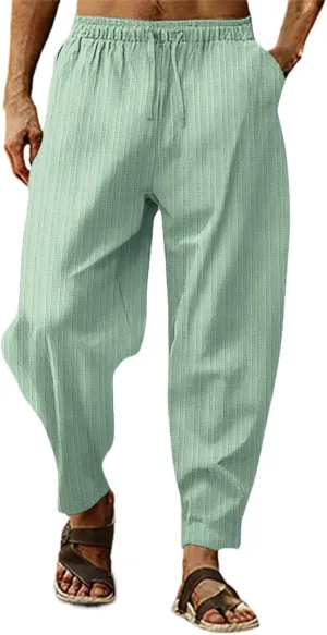 Cotton Linen Dress Pants for Men Casual Classic Elastic Waist Beach Pants Summer Lightweight Trouser with Pockets