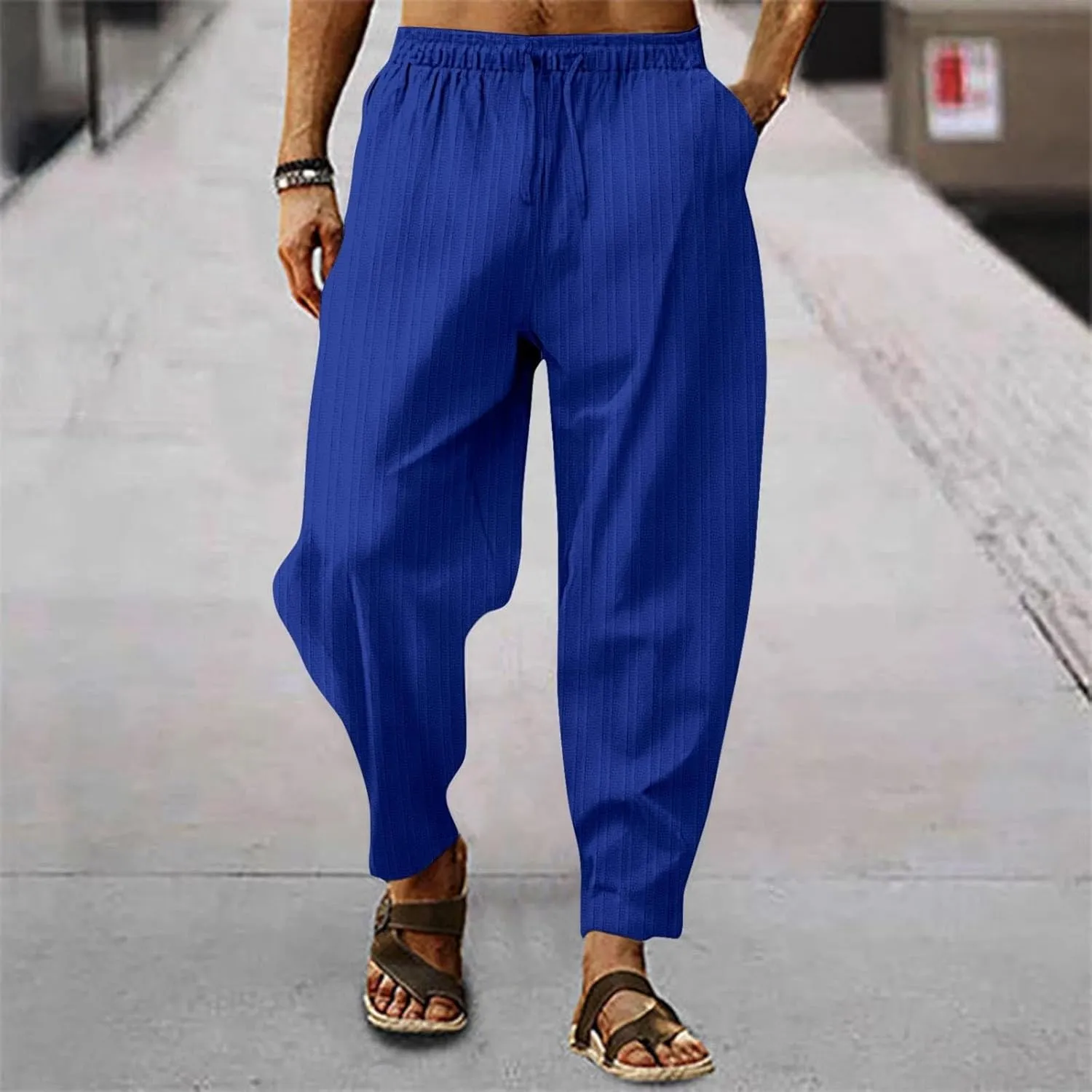 Cotton Linen Dress Pants for Men Casual Classic Elastic Waist Beach Pants Summer Lightweight Trouser with Pockets
