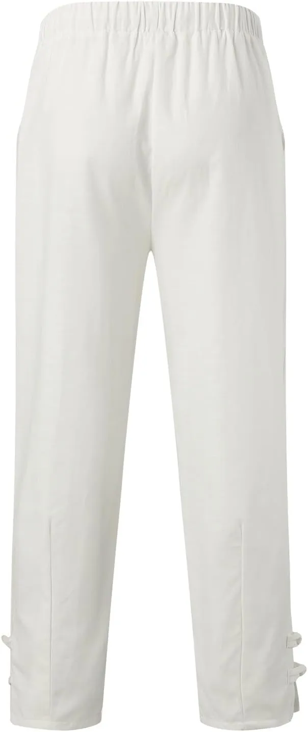 Cotton Linen Dress Pants for Men Elastic Drawstring Waist Lounge Beach Pants Summer Casual Straight Leg Dress Trouser