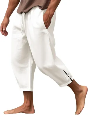 Cotton Linen Dress Pants for Men Elastic Drawstring Waist Lounge Beach Pants Summer Casual Straight Leg Dress Trouser