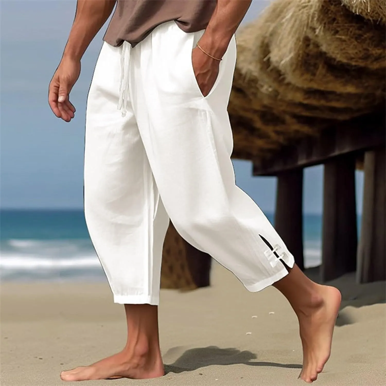Cotton Linen Dress Pants for Men Elastic Drawstring Waist Lounge Beach Pants Summer Casual Straight Leg Dress Trouser
