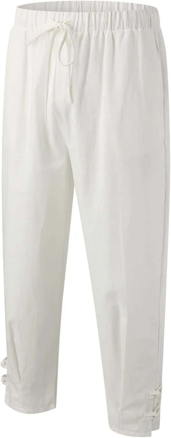 Cotton Linen Dress Pants for Men Elastic Drawstring Waist Lounge Beach Pants Summer Casual Straight Leg Dress Trouser