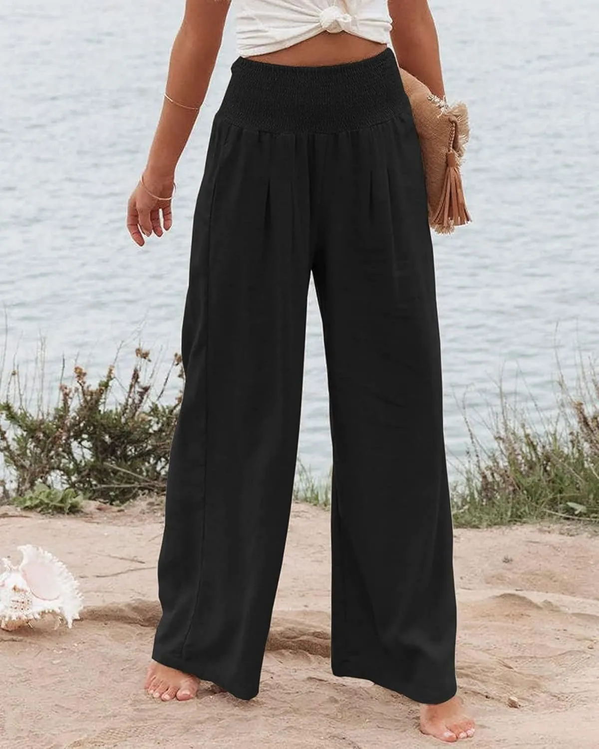 Cotton Linen Palazzo Pants for Women Summer High Waisted Wide Leg Long Casual Baggy Pant Loose Trousers with Pockets