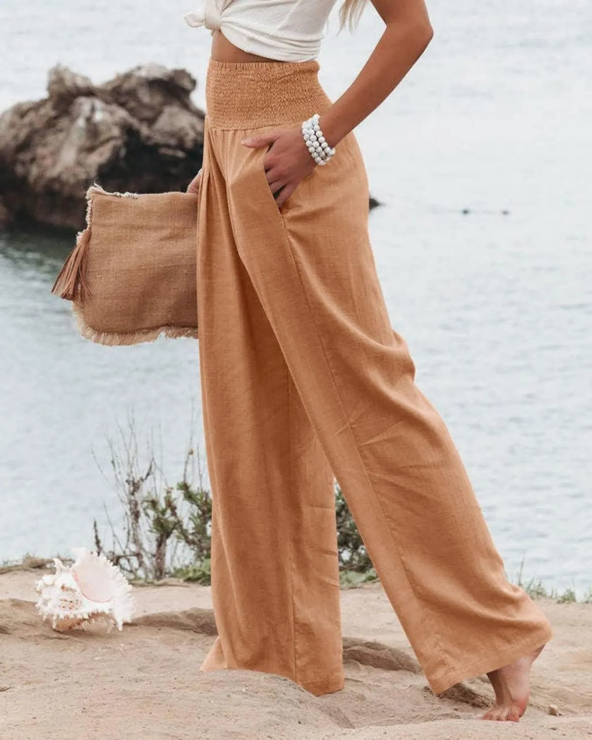 Cotton Linen Palazzo Pants for Women Summer High Waisted Wide Leg Long Casual Baggy Pant Loose Trousers with Pockets